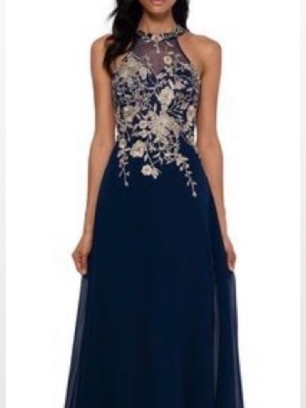 Elegant Navy Gown with Gold Embroidery. 4P